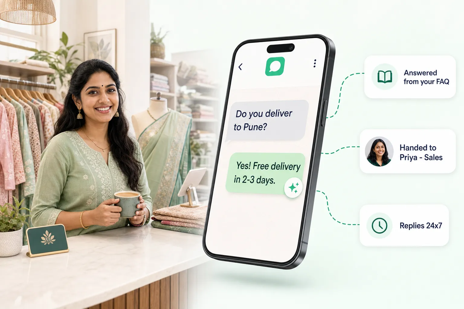A boutique owner relaxing while the NxAi AI agent answers a delivery question on WhatsApp and hands a chat to Priya in sales