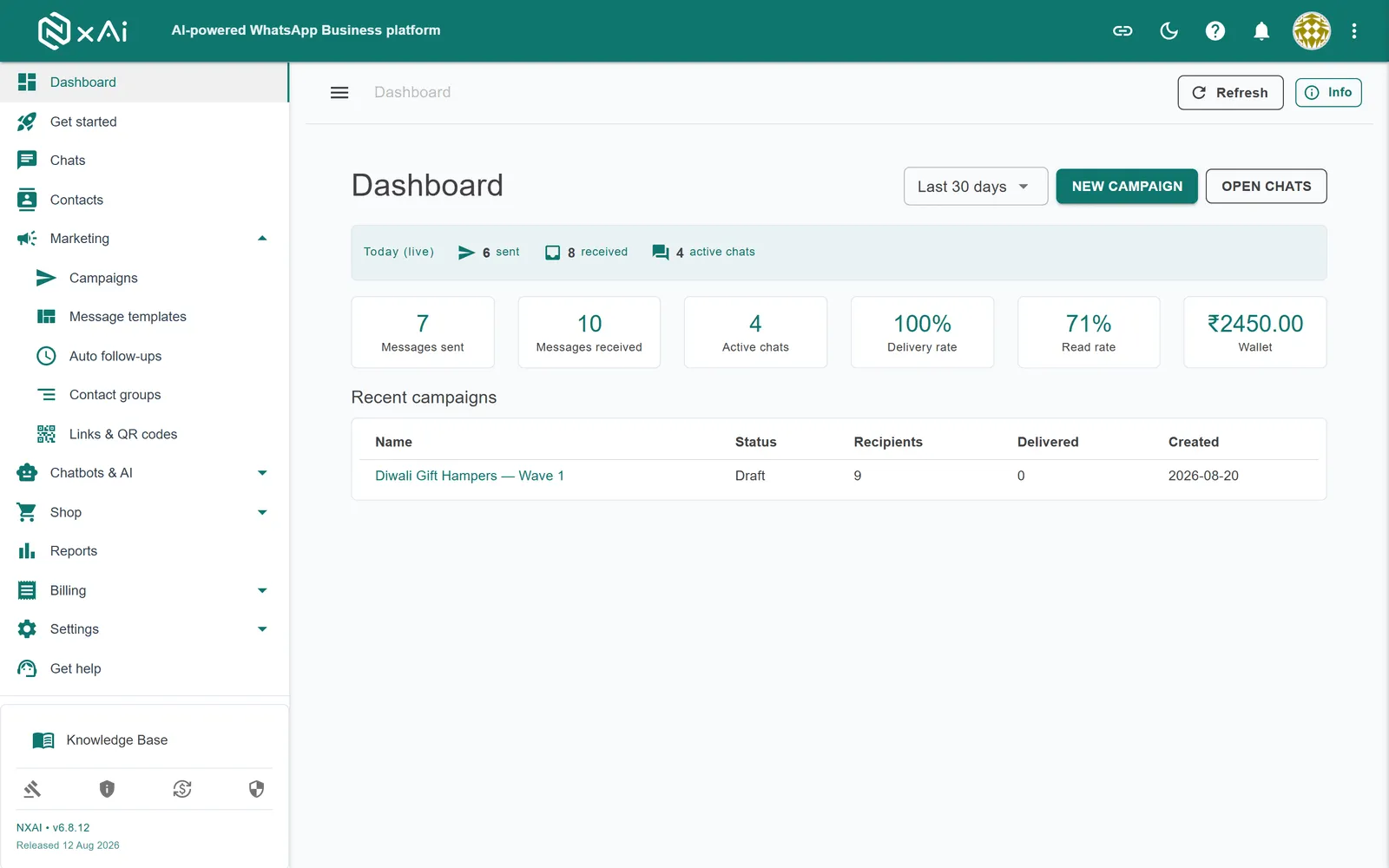 NxAi dashboard with live campaign and chat metrics