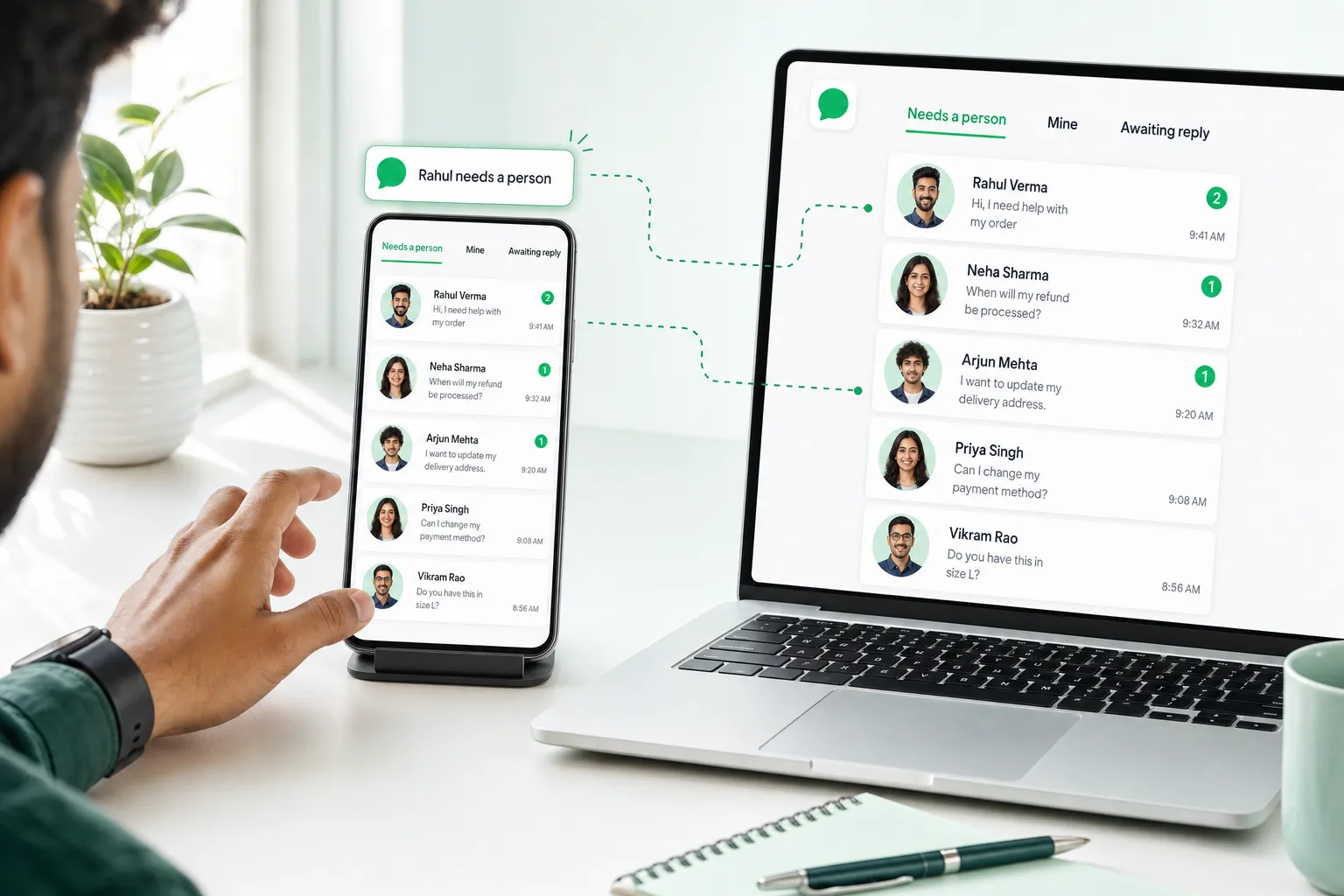 The NxAi Assist team inbox on an Android phone and a laptop, with a hand-off notification that Rahul needs a person