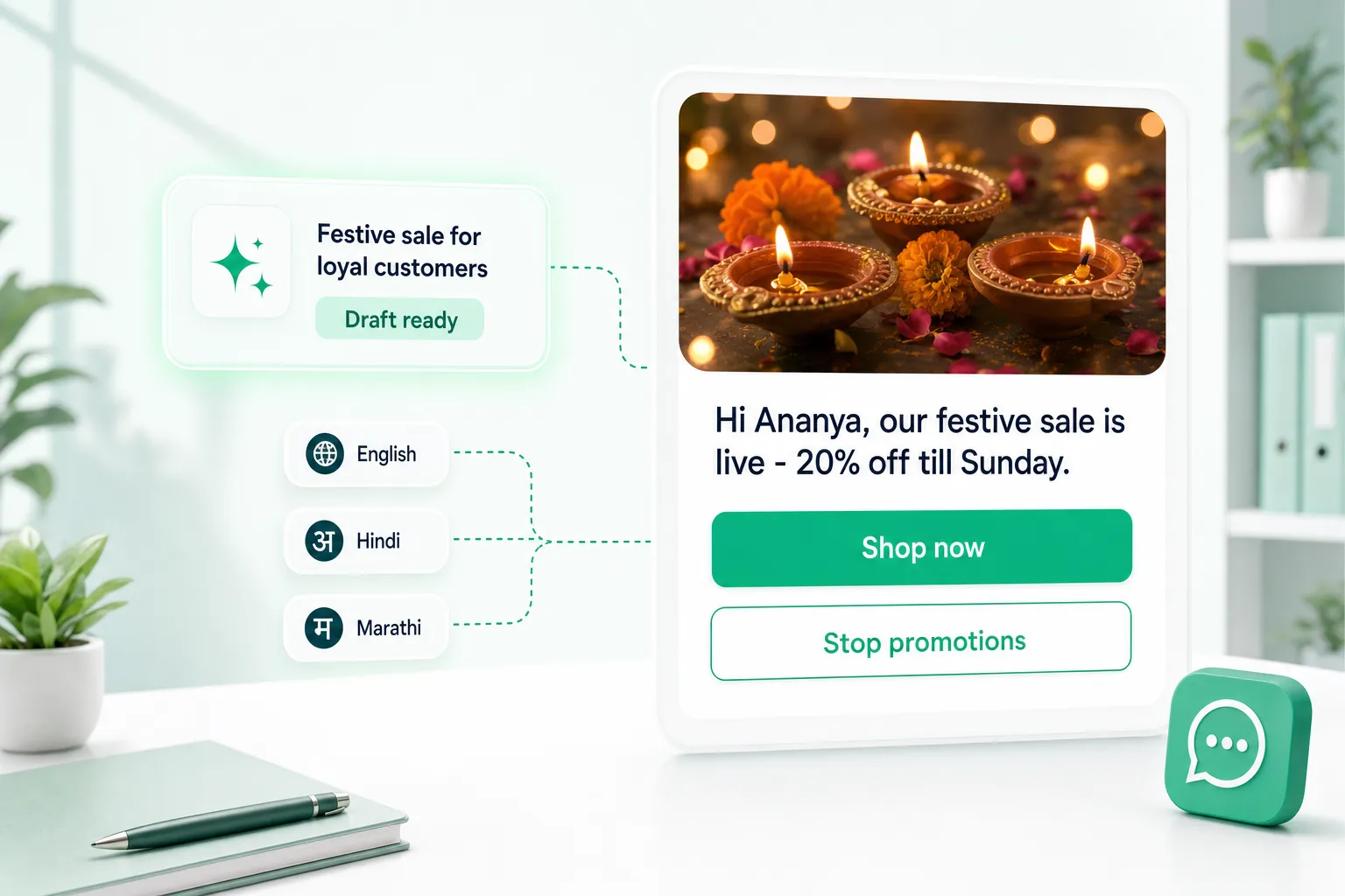 An AI-drafted festive sale WhatsApp template with Shop now and Stop promotions buttons, in English, Hindi and Marathi