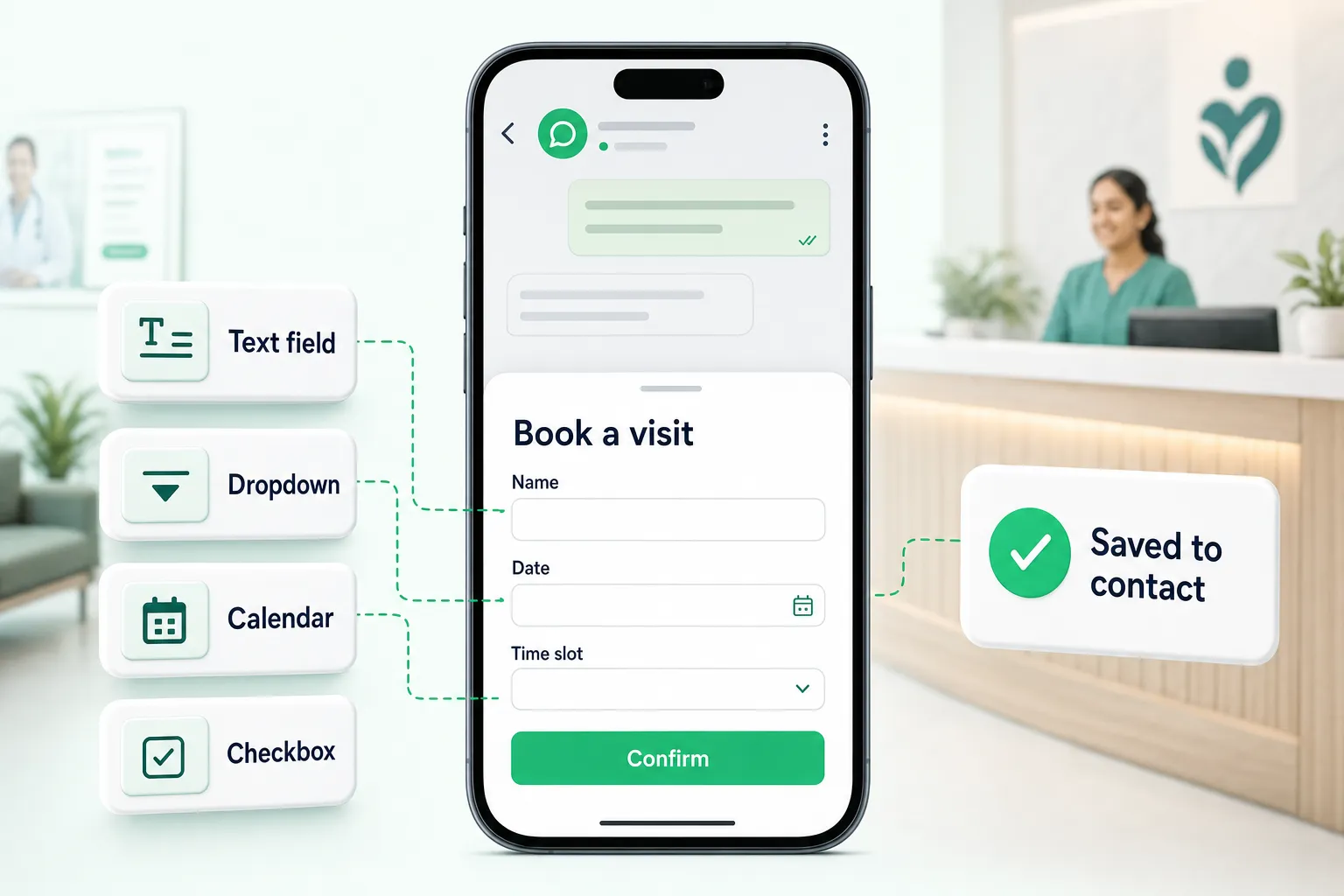 A WhatsApp form titled Book a visit open inside the chat, built from text, dropdown, calendar and checkbox blocks